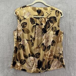 Talbots Top Womens 10P Brown Floral Rose Silk Stretch Crew Pleated Neck Career